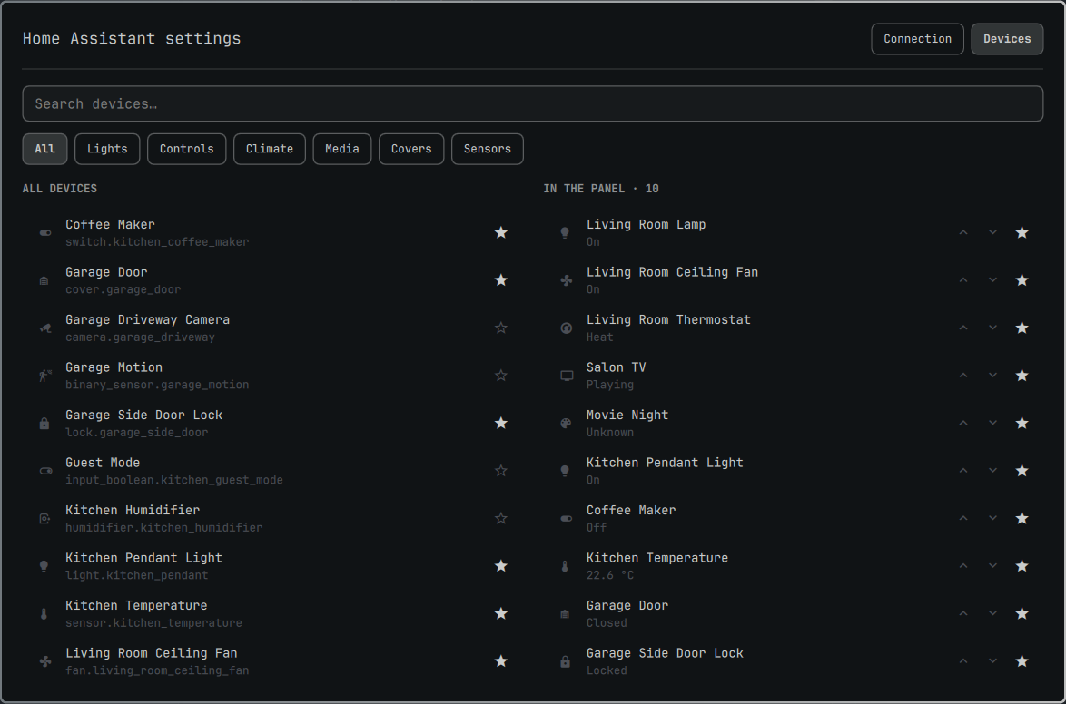 Demo device list and panel favorites using the Solitude theme