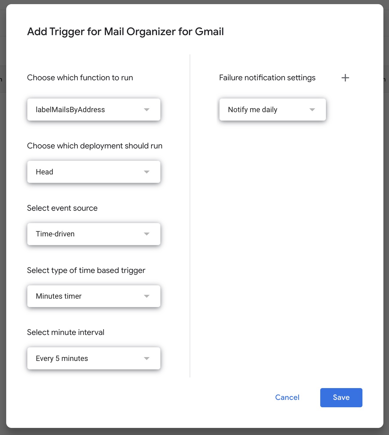 trigger for function "labelMailsByAddress"