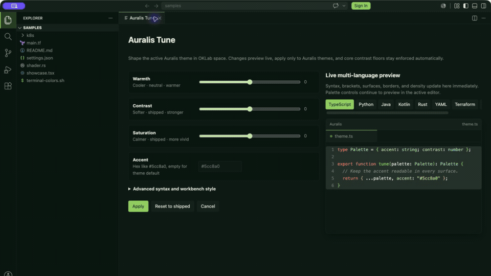 Auralis Tune, Icon Studio, terminal export, and Environment Guard
