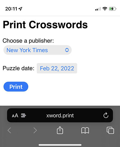 Screenshot of Crossword Print Dashboard