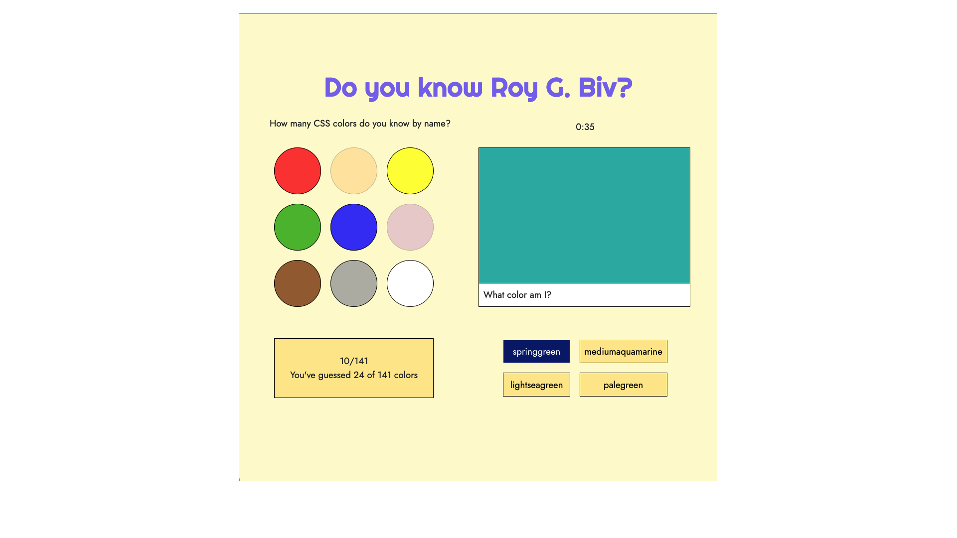 Screenshot of color guesser midway through game