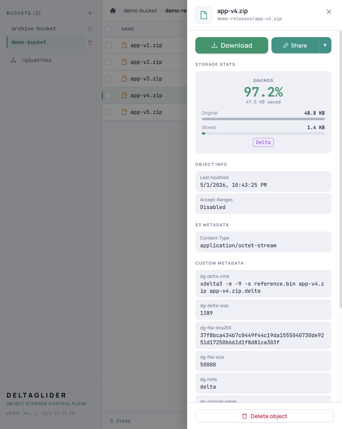 DeltaGlider UI — file browser with delta compression stats