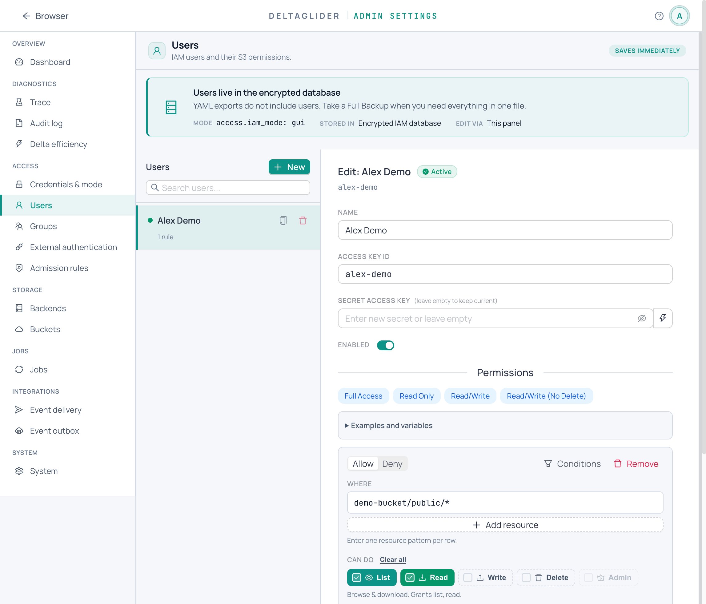 Admin GUI — IAM user management with ABAC permissions