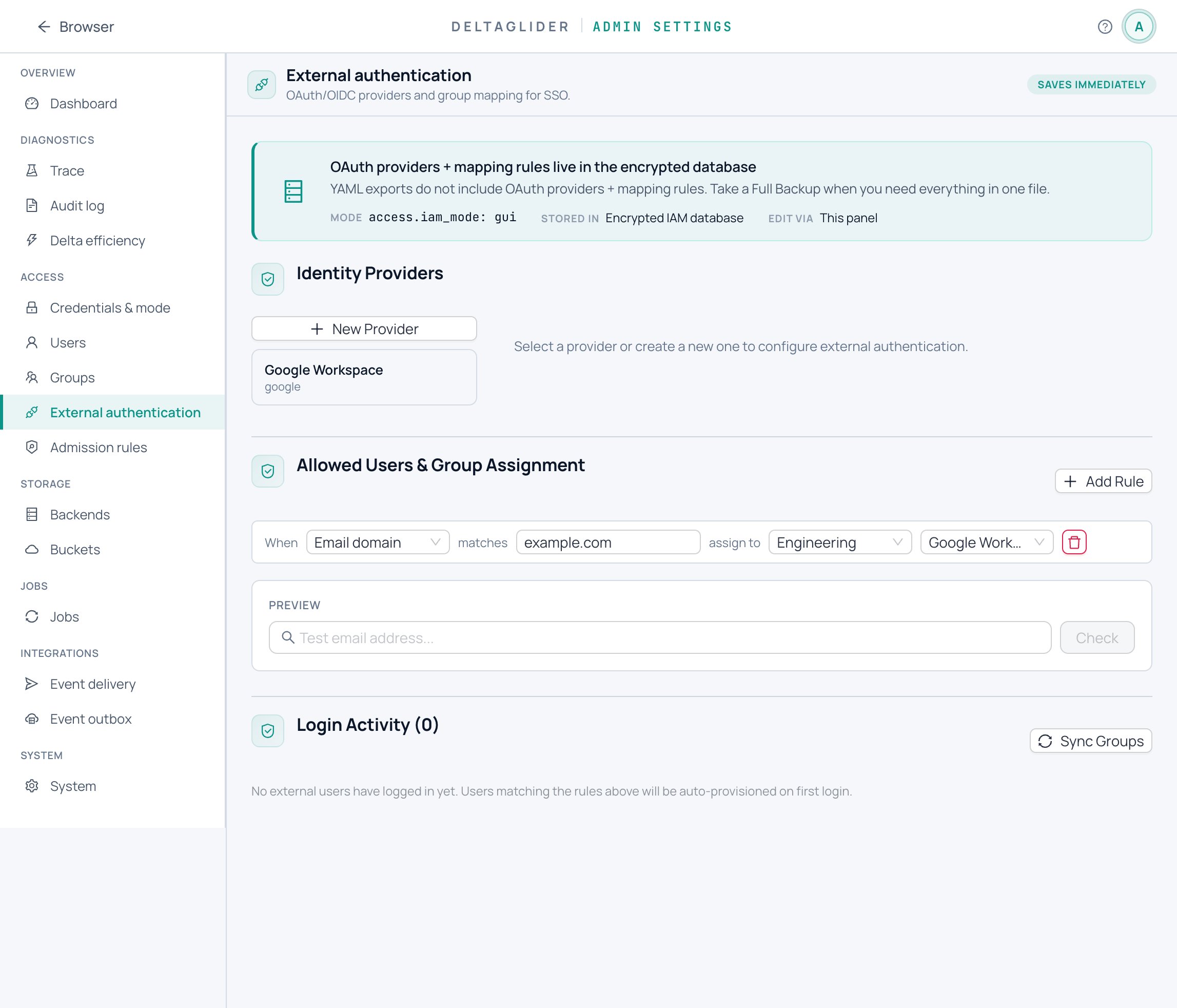 Group mapping rules — automatic permission assignment from identity provider claims