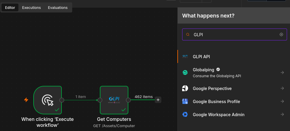The GLPI API node in an n8n workflow