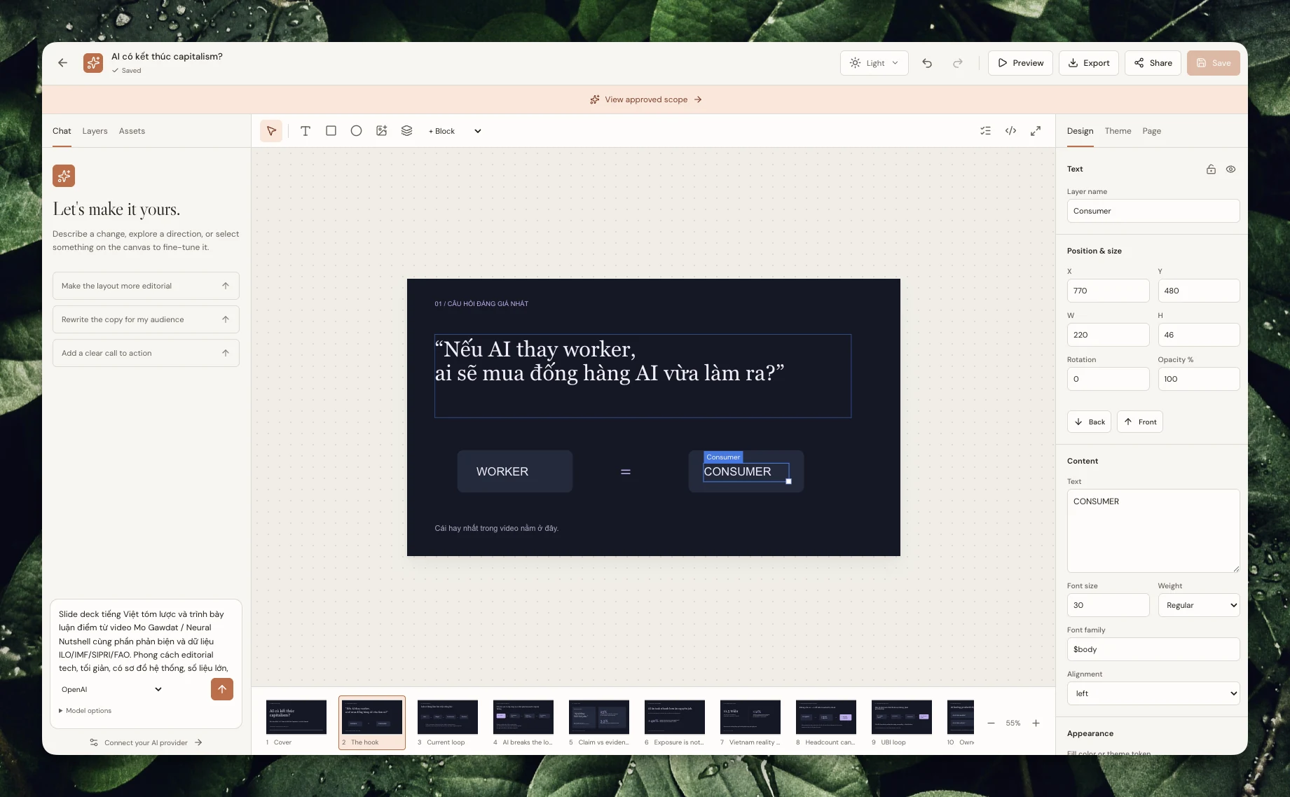 Slide editor showing a Vietnamese presentation, selected text layer, and slide thumbnails