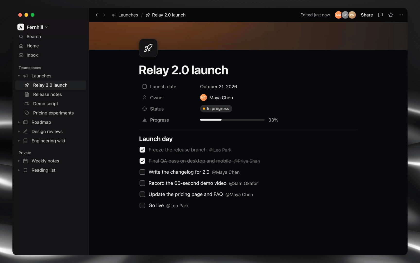 A launch checklist titled Relay 2.0 launch: as a voice narrates, big word-by-word captions read 'Okay, launch day.', 'Changelog, done.', 'Demo video, done.', and 'Pricing page, done.' while each item is checked off and the progress bar fills, then 'And…' before the last item, Go live, is checked and the status turns Live.