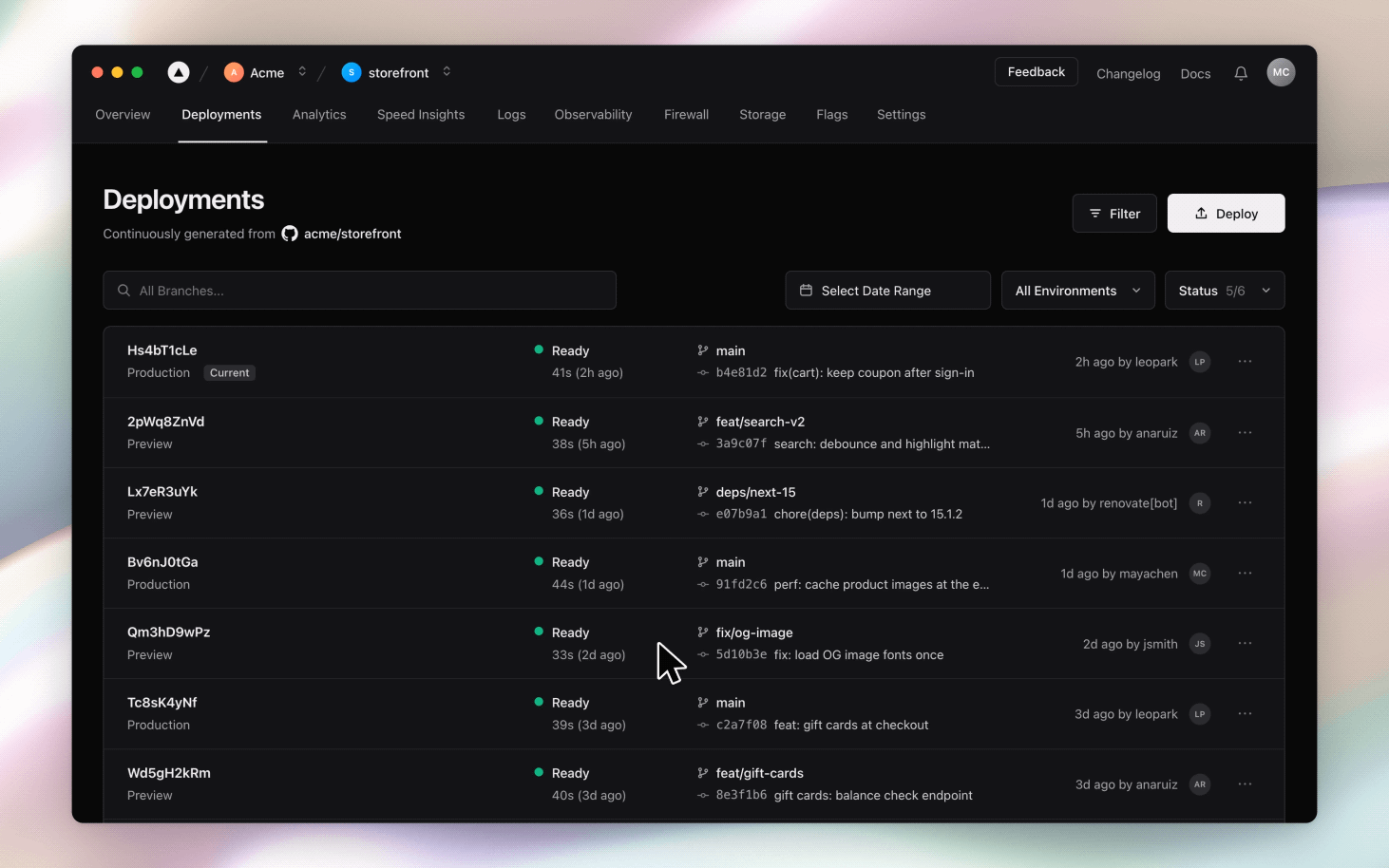 A deployments dashboard polished by Grip on a pastel iridescent wallpaper: the view zooms in as the cursor glides to the Deploy button, the click swells through the screen, a new build slides in as Building, a glass loupe magnifies its timer as it counts up, and the build turns Ready as the cursor glides back to its start.