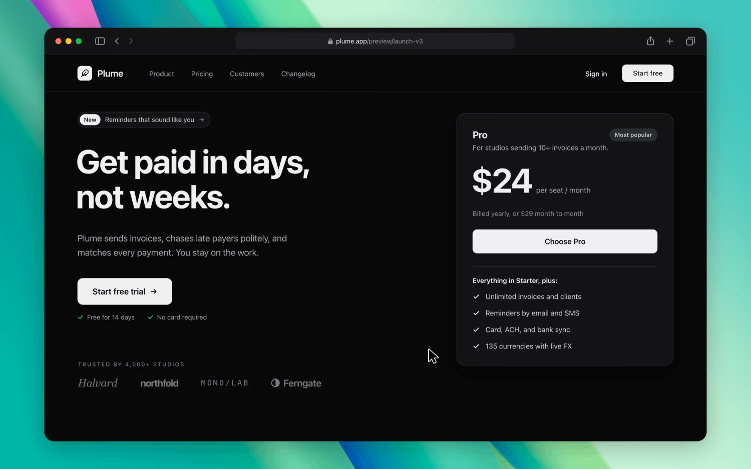 A landing page draft on a green wallpaper: after ⌥⇧⌘D appears as keycaps, red ink circles the headline 'Get paid in days, not weeks.', an arrow sweeps down to the Start free trial button, and a line underlines the $24 price. The view zooms out to the whole page and the ink fades away.