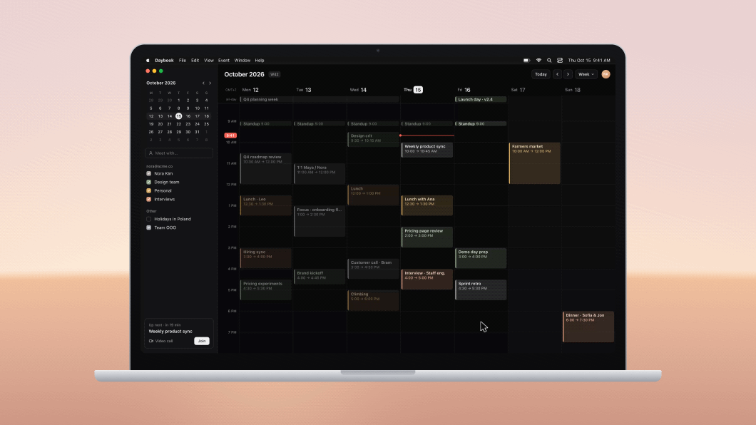 A calendar app inside a MacBook frame on a warm hazy wallpaper: the view pushes in as the user drags out a new event, types 'Design review', adds Maya Chen as a guest, picks a sage color, and saves, then pulls back to the whole laptop with the new event in the week.