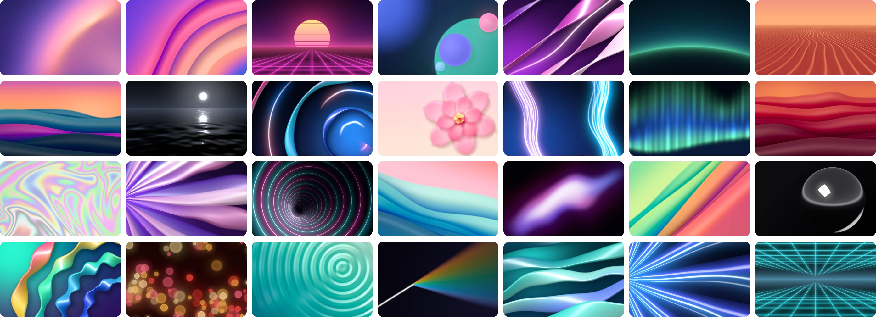 A grid of 28 Grip wallpapers: soft gradients, a synthwave sun, neon tunnels, sunset dunes, iridescent foil, aurora, bokeh, and a prism.