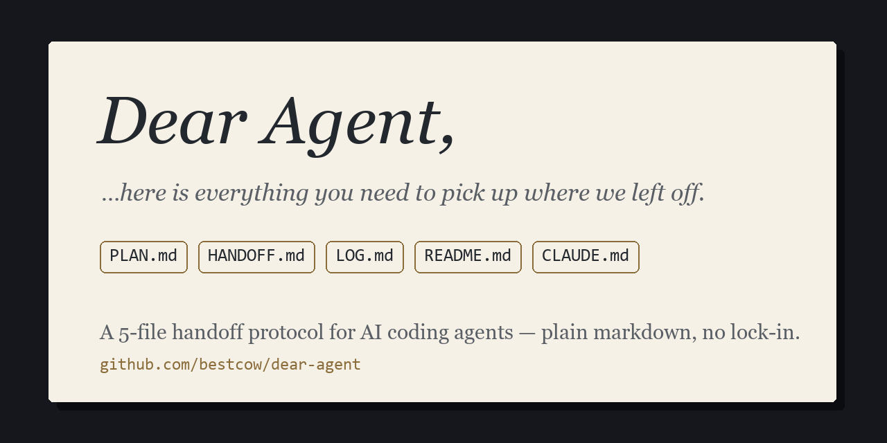 Dear Agent — here is everything you need to pick up where we left off. A 5-file handoff protocol for AI coding agents.