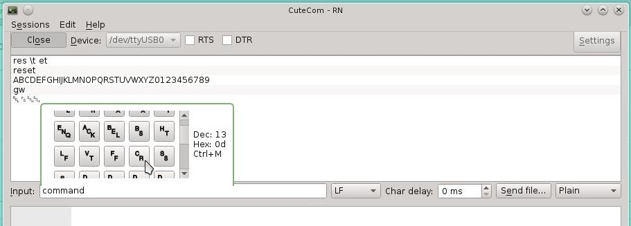 Pressing Ctrl will open a widget allowing you to add control characters into the input field