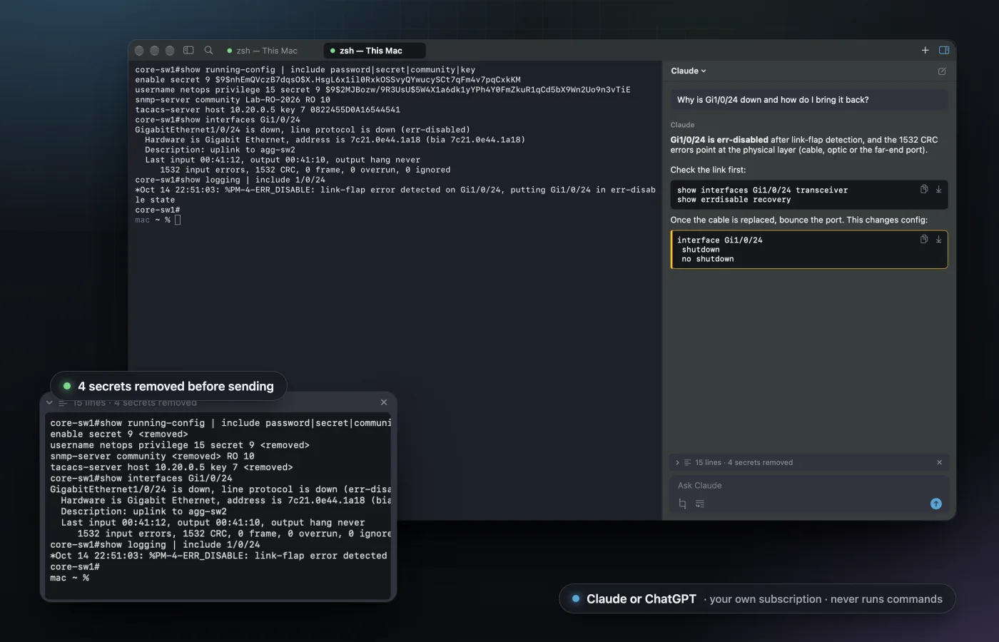 AI panel explaining an err-disabled port with secrets removed