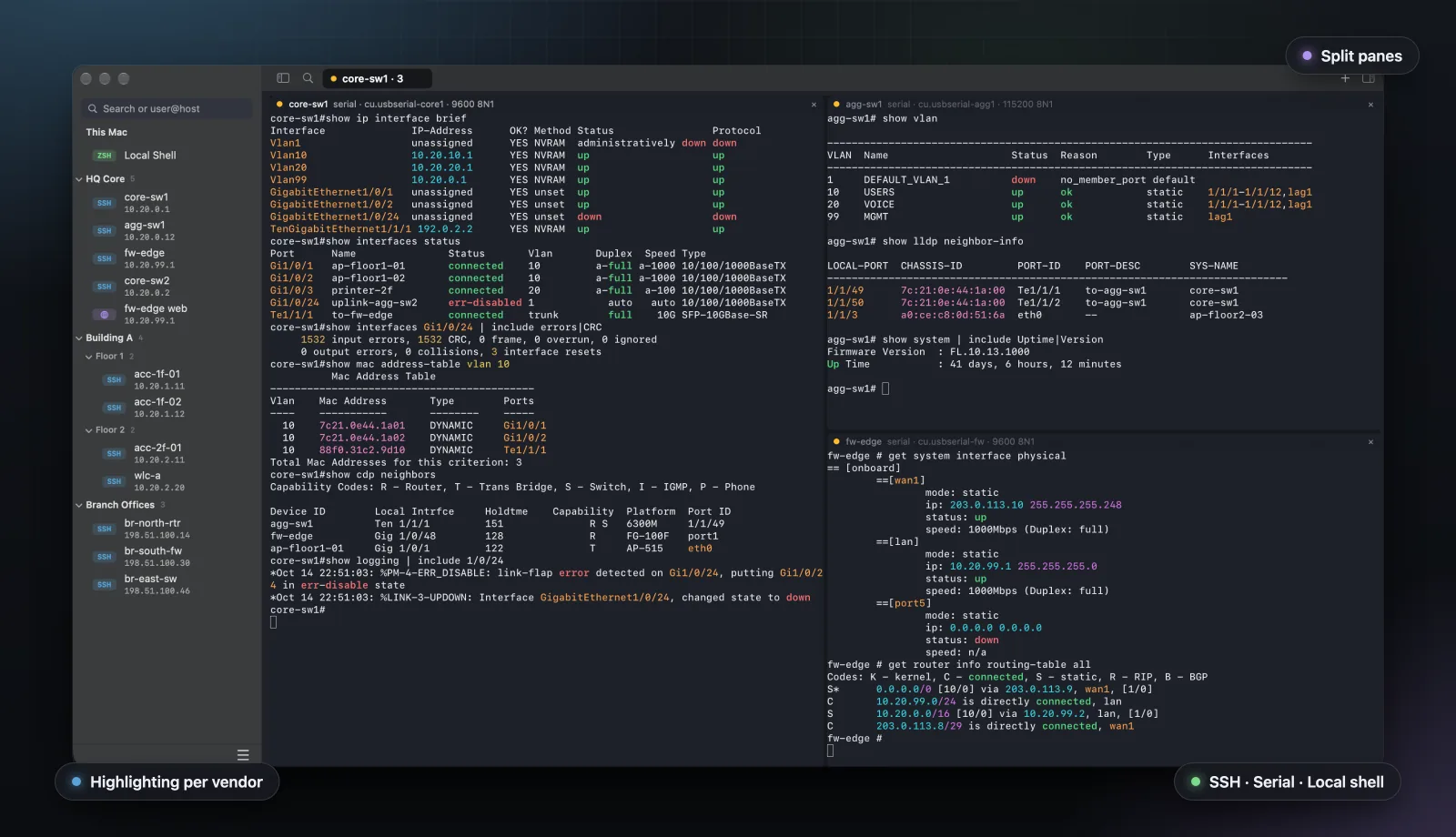 SheepTerm with three panes: Cisco, Aruba CX and FortiGate output highlighted per vendor, beside a sidebar of saved hosts
