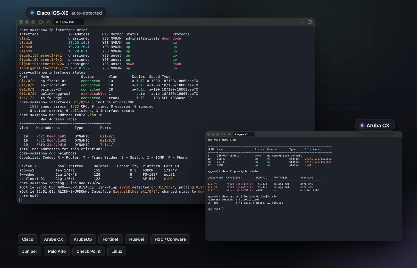 Cisco and Aruba CX output highlighted per vendor