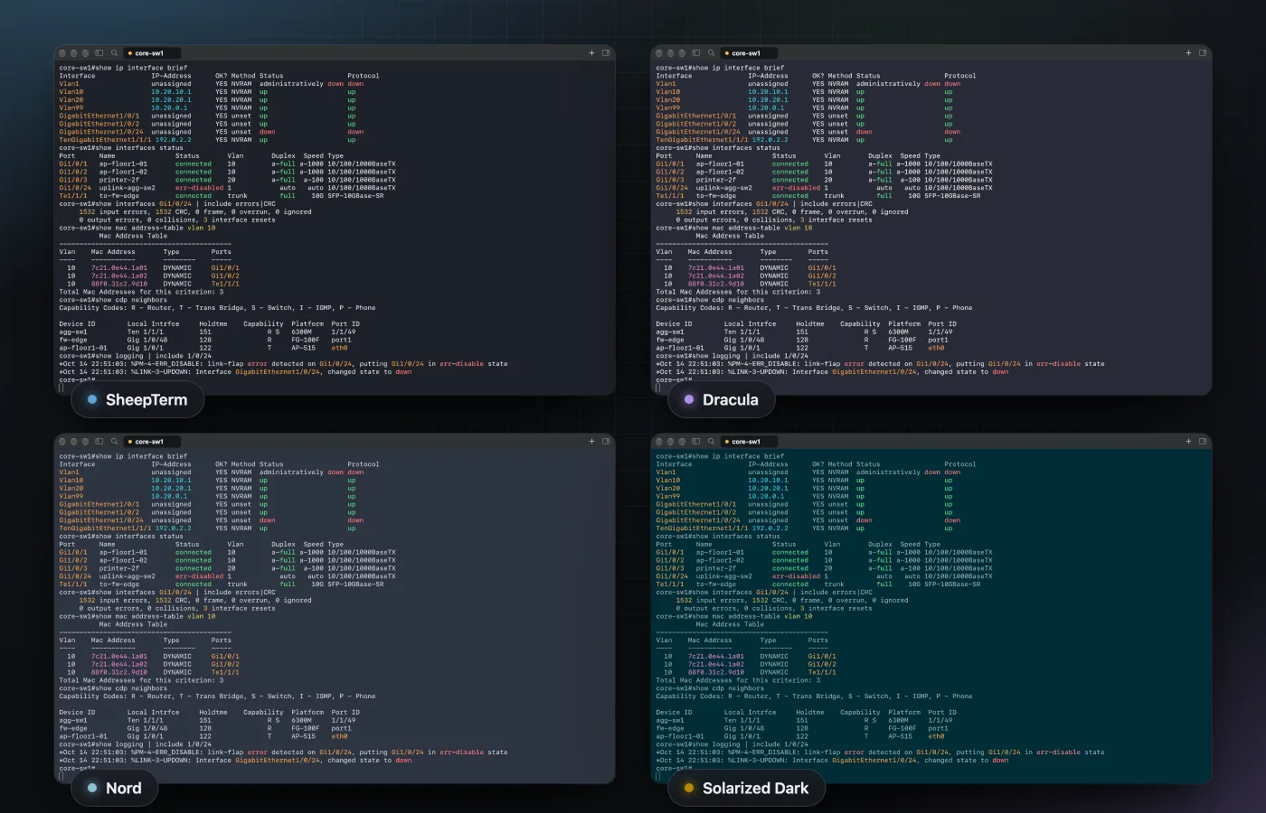 The same output in four terminal themes