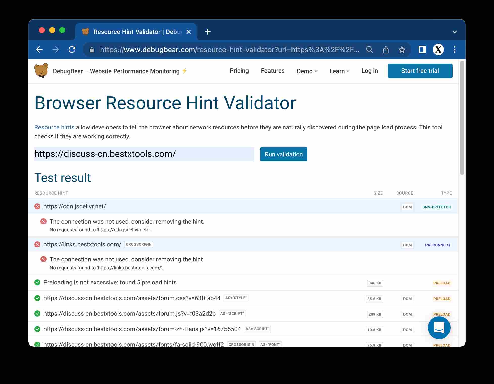 Browser Resource Hint Validator