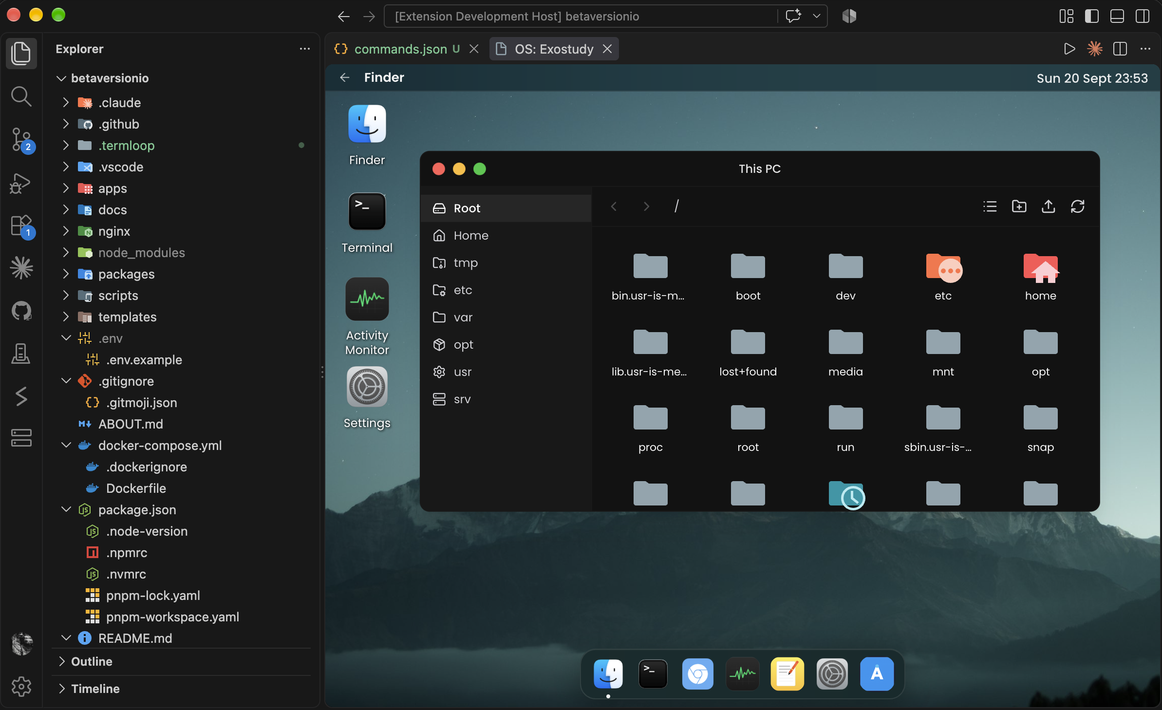 The OS Desktop feature embedded in a VS Code panel