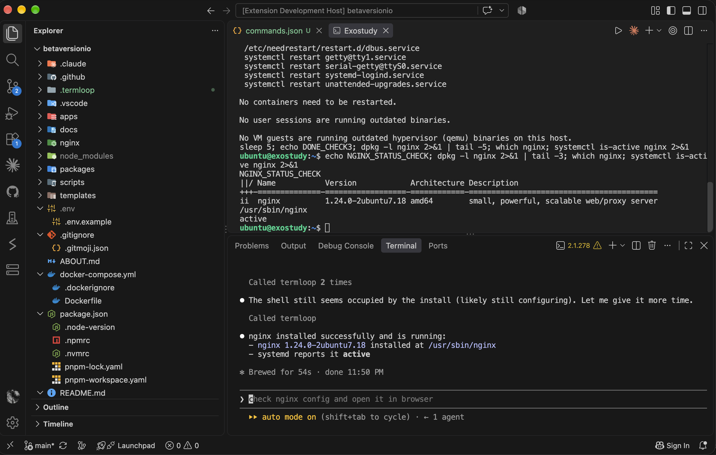 An AI agent driving a live SSH terminal session in VS Code