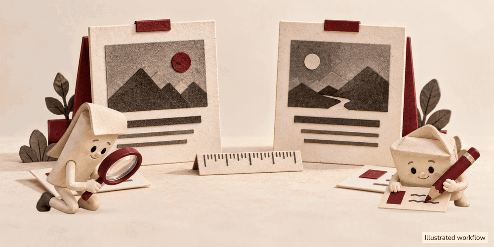 Illustrated comparison: two equivalent paper pages, a shared ruler and inspected notes. A helper checks both sides before a writer records the comparison.