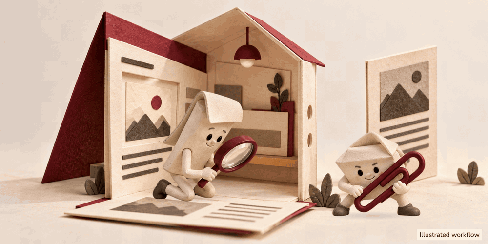 Illustrated backlink work: a helper pulls a paperclip toward the gap between the website and an outside page while another inspects the evidence. A planned contribution still needs publication and actual link verification.