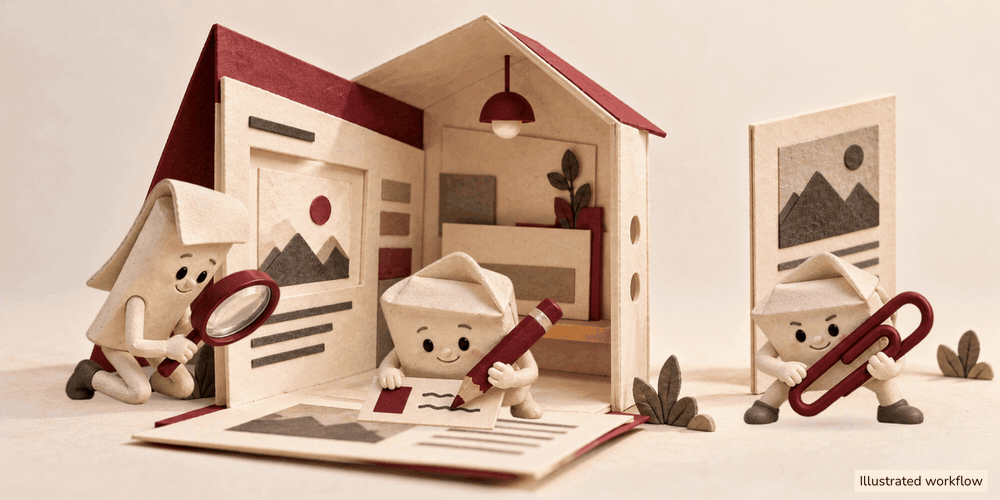 Illustrated workflow: a paper helper scans a page with a magnifier, another writes an answer, and a third pulls a connection. They represent connected SEO work, not a recording of agent execution.
