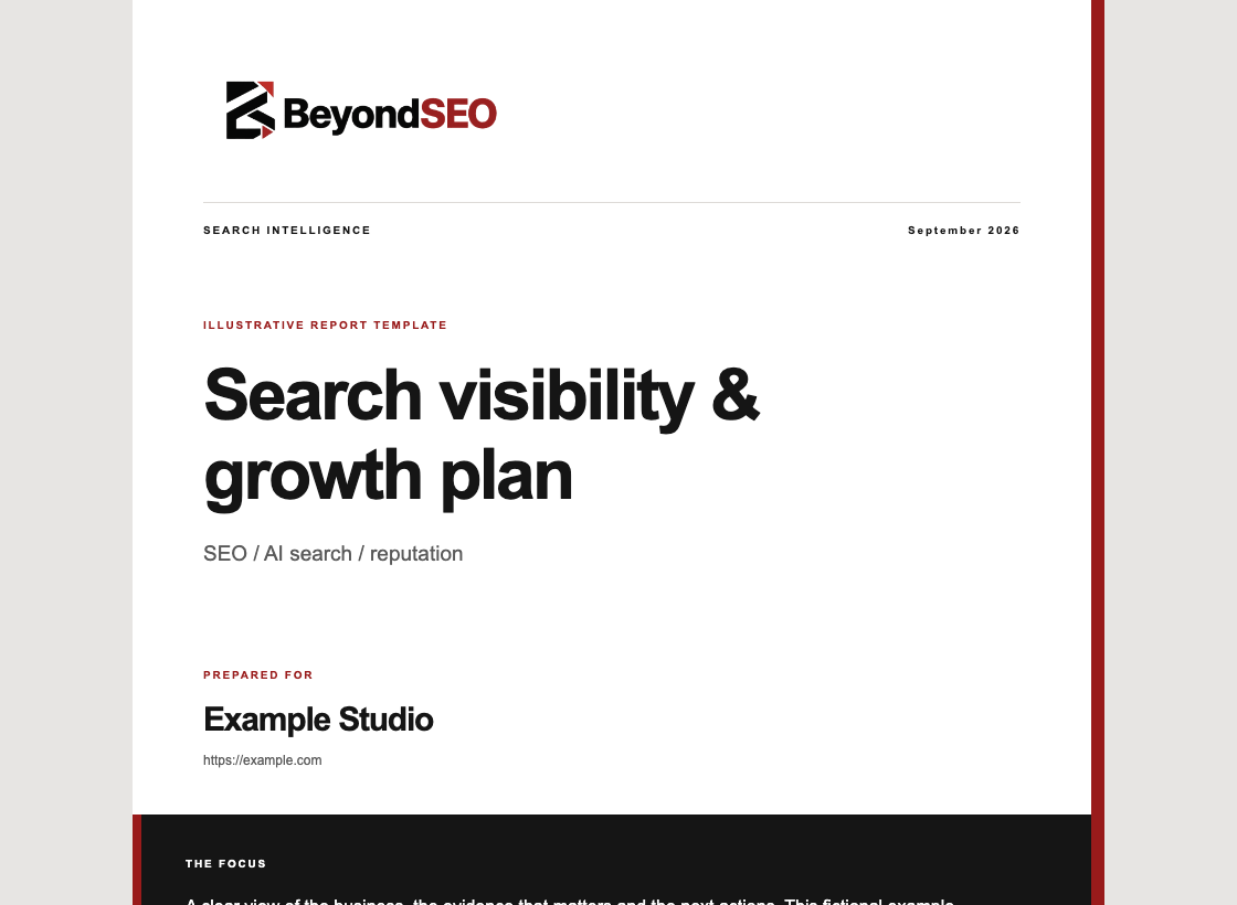 Actual BeyondSEO HTML report replay: cover, priorities, competitor comparison, page evidence and action plan. Uses the included fictional Example Studio input.