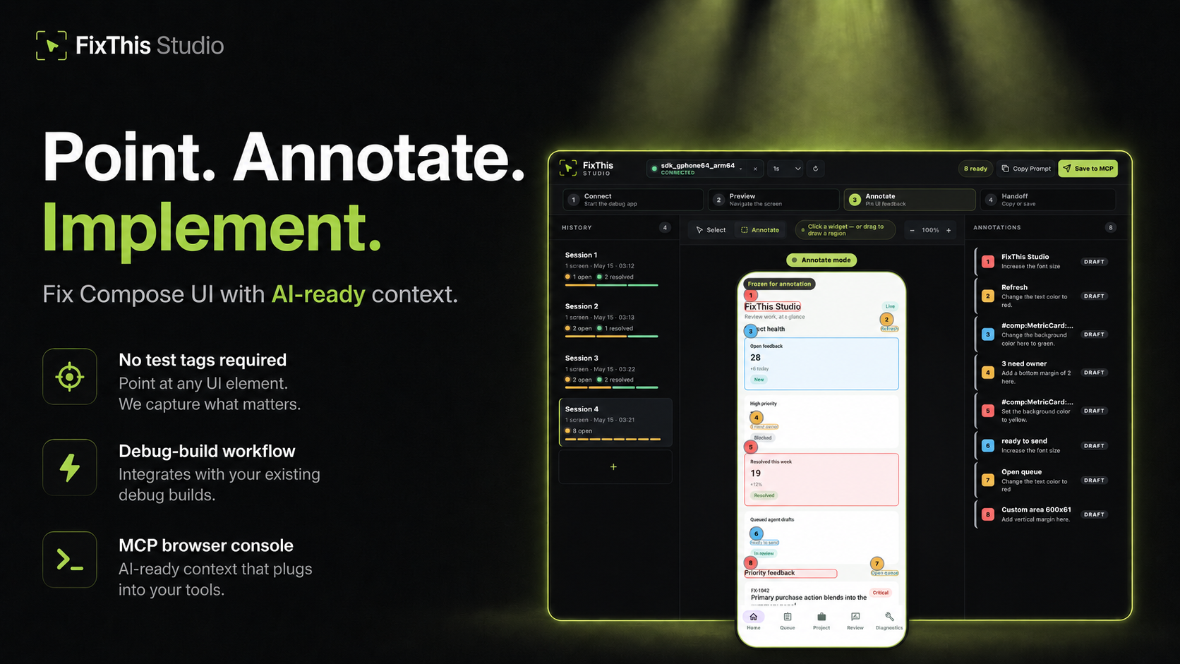 FixThis Studio — point at any Jetpack Compose UI element, annotate, hand off AI-ready context to your coding agent