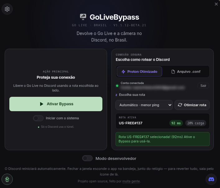 Interface do GoLiveBypass 2.0.0 com ProtonVPN otimizado, status da rota e botão Ativar Bypass