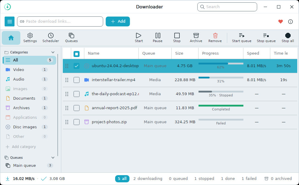 Downloader with the category sidebar open
