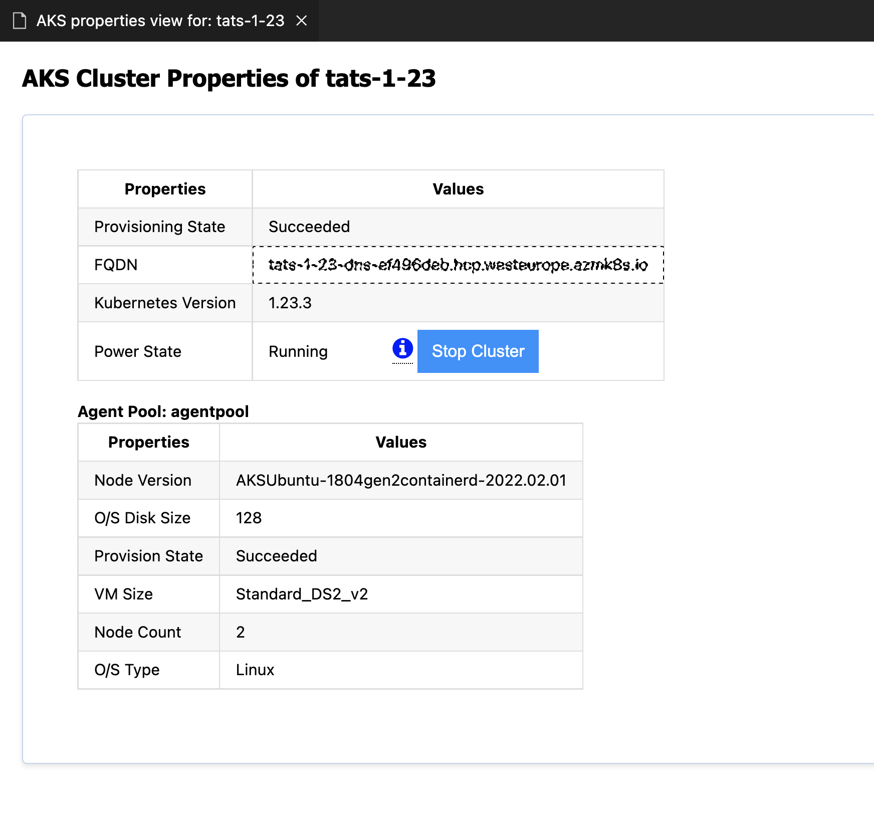 Start or Stop Cluster From Properties Webview