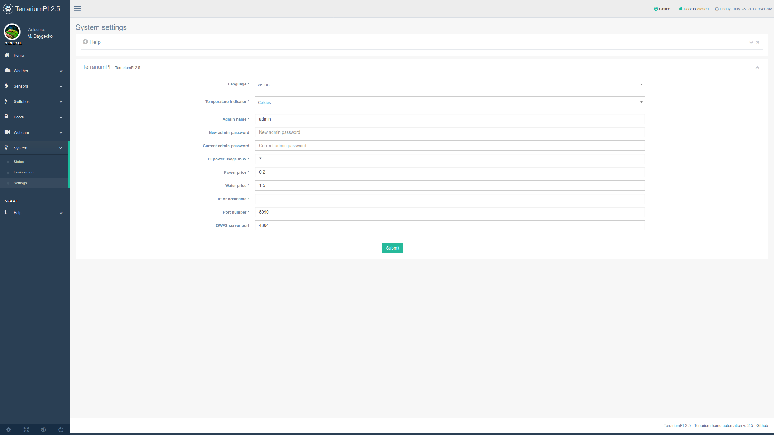 TerrariumPI 2.5 System setup screenshot