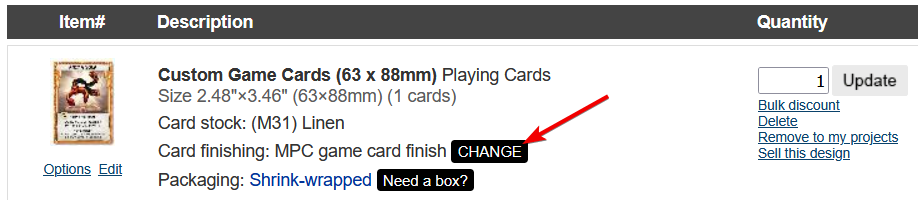 MPC Change Card Finishing for Order in Cart