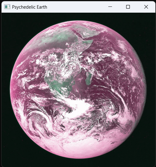 An OS window showing a picture of the with purple seas and turqoise land.