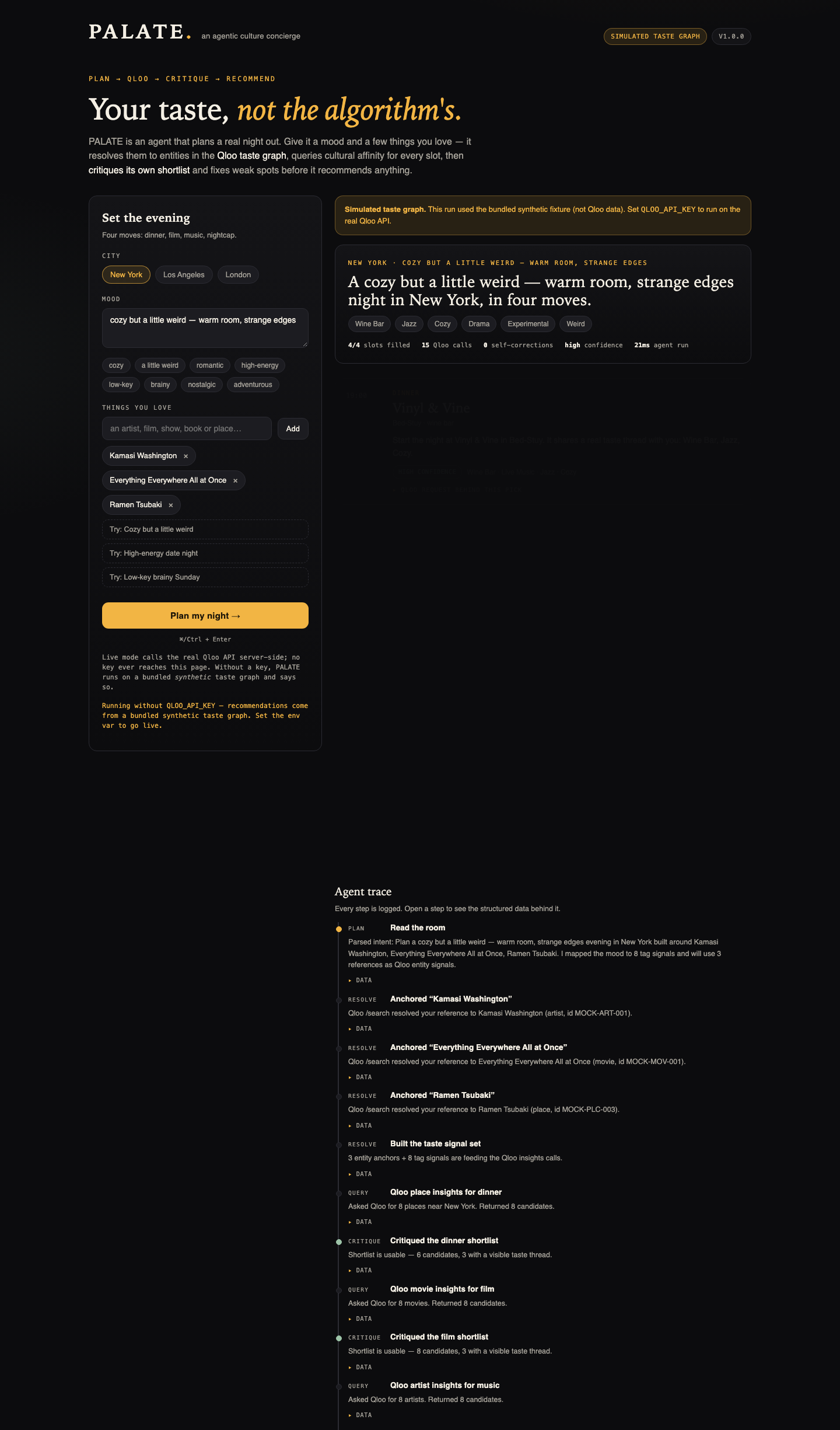 PALATE interface with the simulated data banner visible