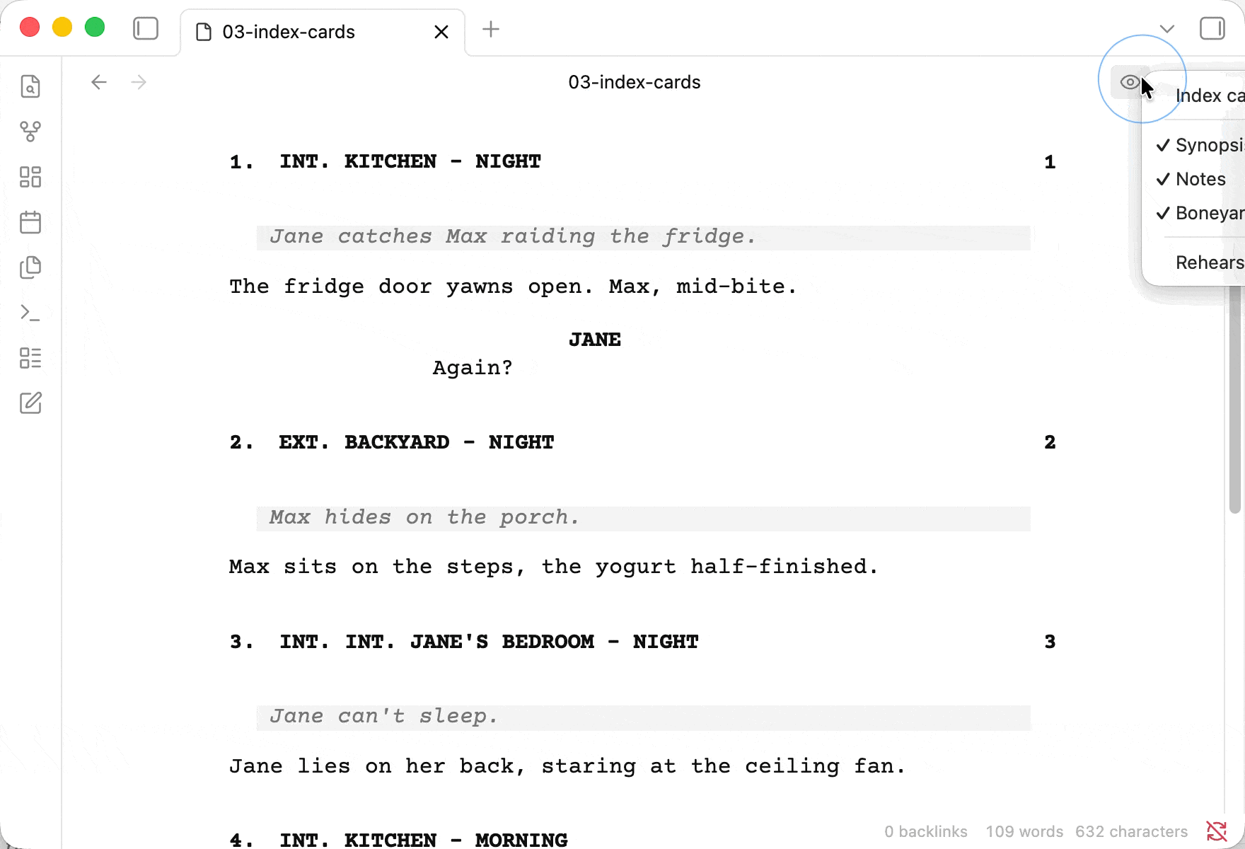 index cards and scene number commands