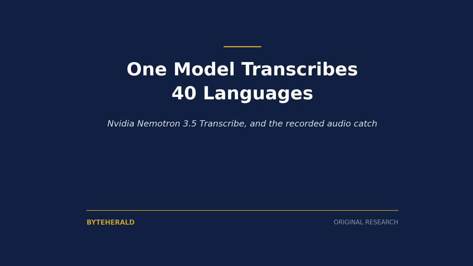 Editorial graphic: the headline One Model Transcribes 40 Languages, on Nvidia Nemotron 3.5 Transcribe and the recorded audio catch