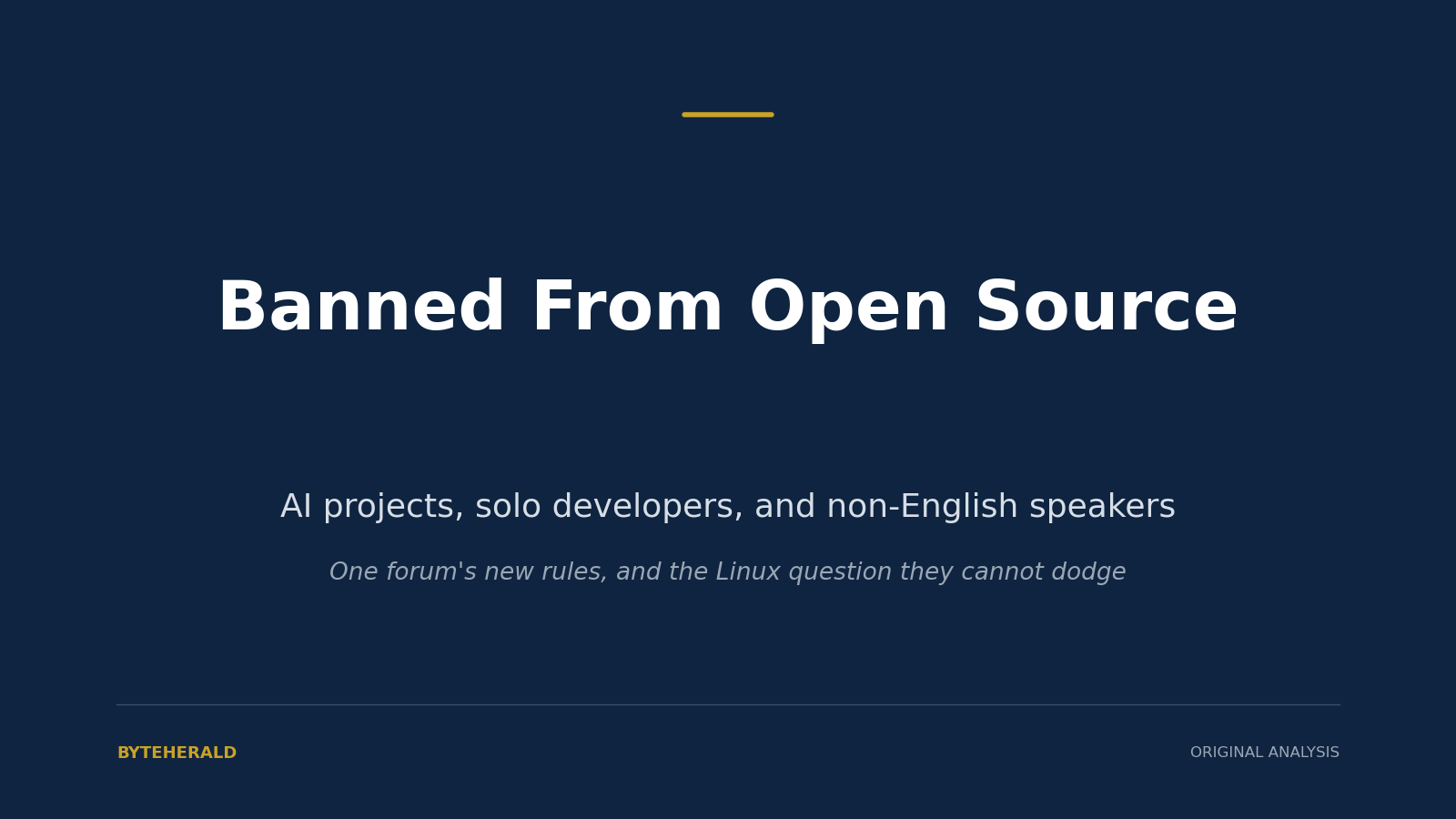 Editorial graphic: the headline Banned From Open Source, on Reddit's r/opensource banning AI projects, solo developers, and non-English speakers
