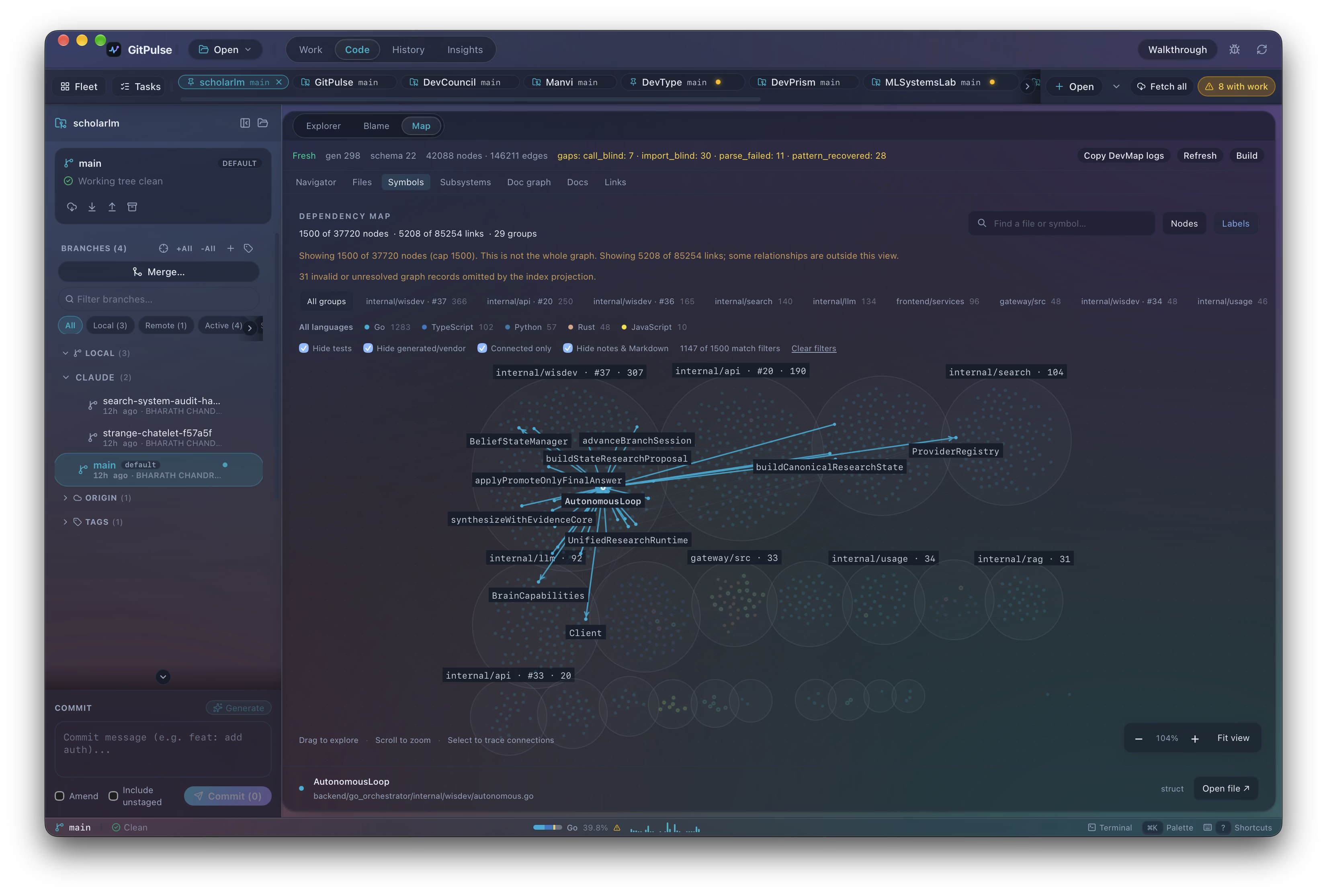 DevMap interactive dependency map and symbol graph in GitPulse