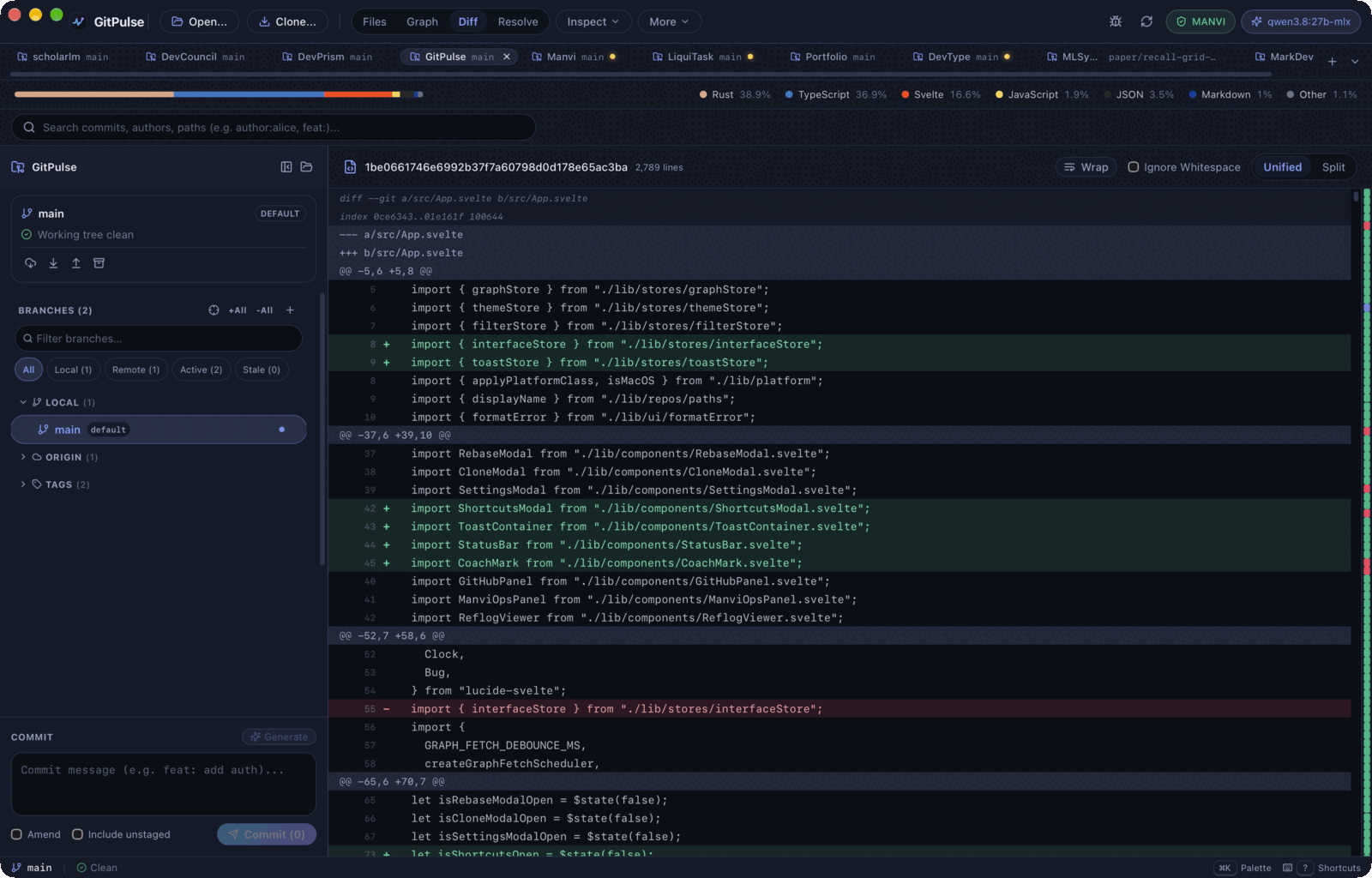 Diff view: unified commit diff