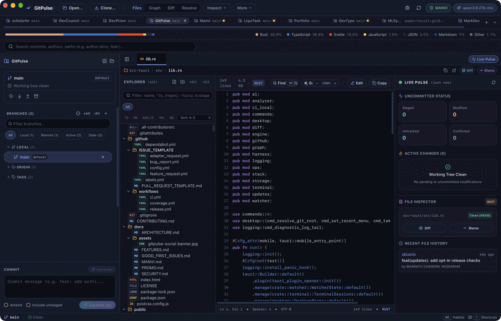 Files view: explorer, syntax-highlighted viewer, and uncommitted status
