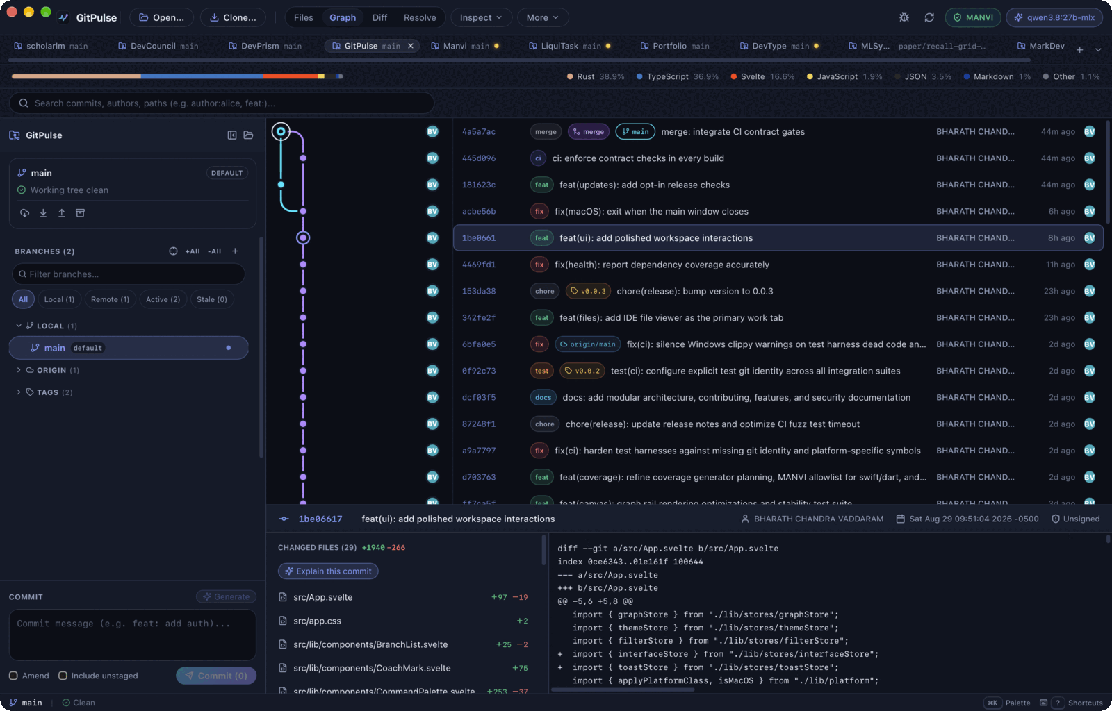 GitPulse graph view: canvas commit graph with lanes, ref decorations, and the commit diff pane