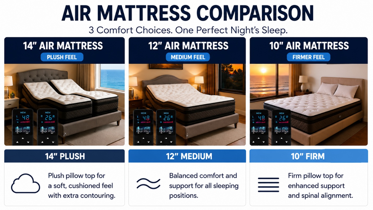 Beverly Hills Bed air mattress comparison: 14 inch plush, 12 inch medium, and 10 inch firm adjustable firmness mattresses with dual side remotes