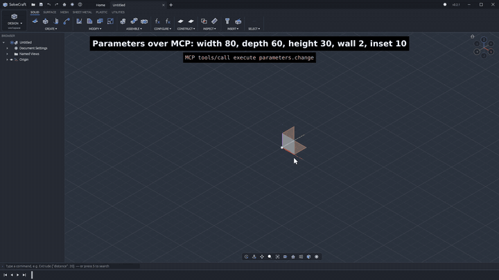 SolidCraft: draw a rounded electronics enclosure, sketch its USB port directly on a face, add four mounting bosses and resize it through Parameters
