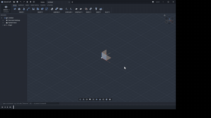 SolveCraft 0.2.0: build a rounded electronics enclosure with a USB port and four mounting bosses, then resize it through Parameters