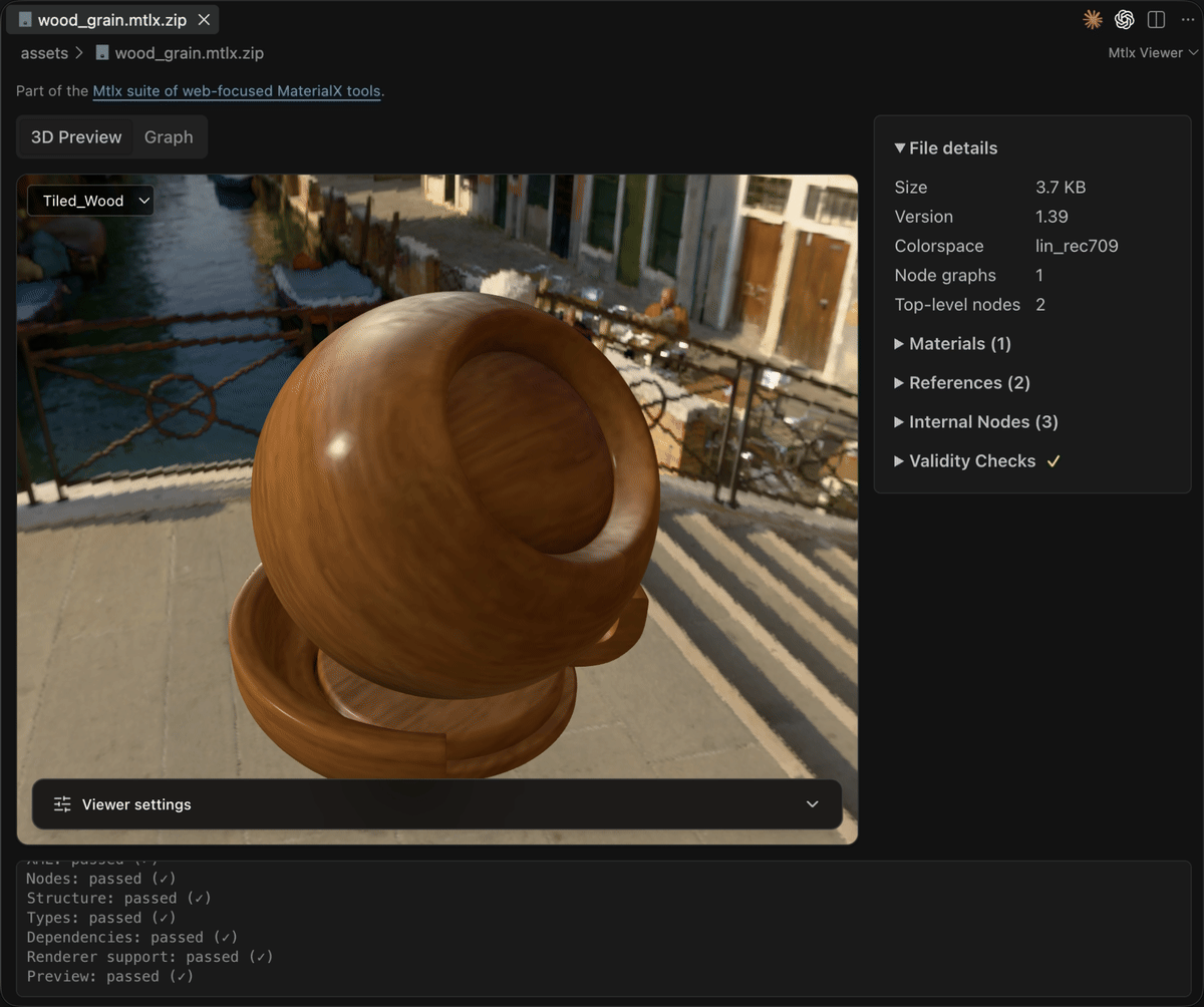 Mtlx Viewer switching between the 3D preview and the node graph