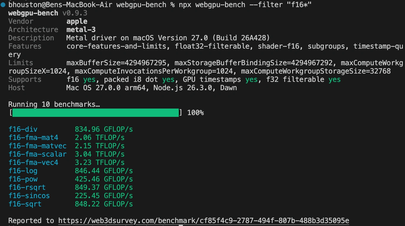 webgpu-bench CLI results for a filtered run