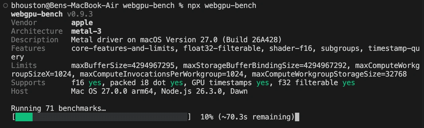webgpu-bench CLI running