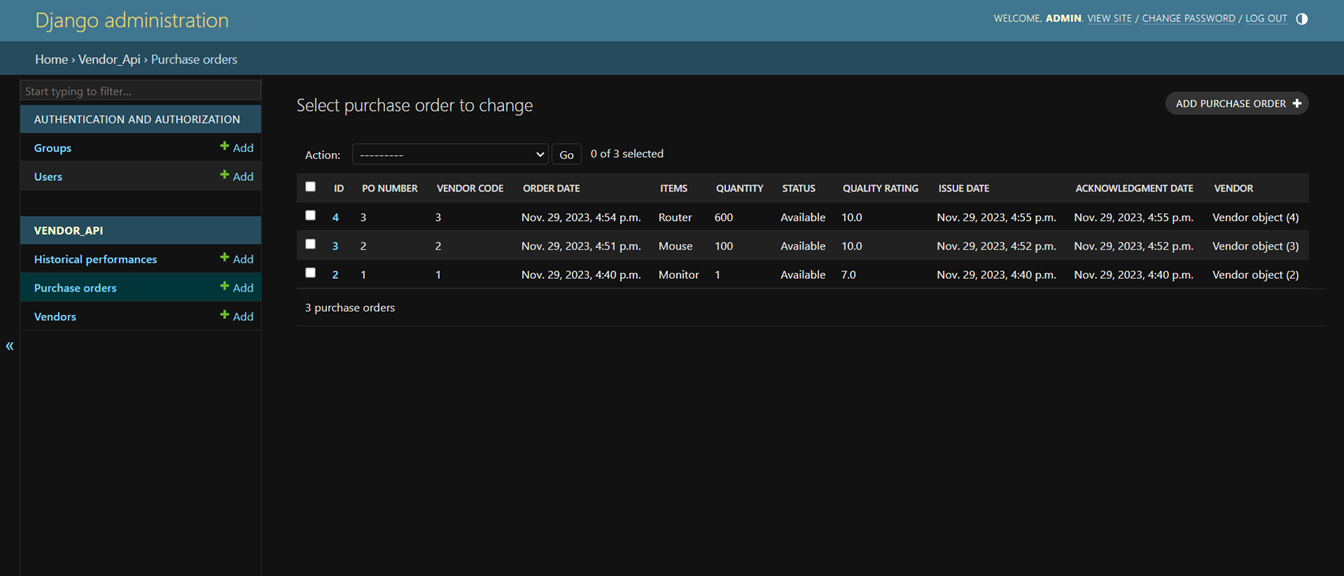 Purchase Order API endpoint